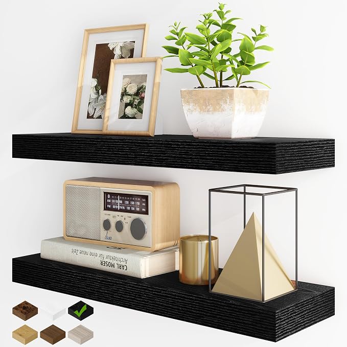 Fun Memories Floating Shelves for Wall, 24Inch Floating Shelves Set of 2, Hanging Shelf with Invisible Brackets, Wood Shelves for Living Room, Bedroom, Black