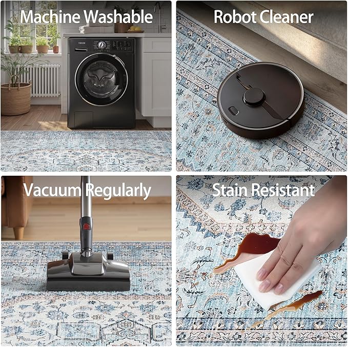 DCX Machine Washable Blue Rugs for Living Room 9x12, Non Slip Stain Resistant Vintage Floral Rug for Bedroom Nursery, Soft Low Pile Large Carpet