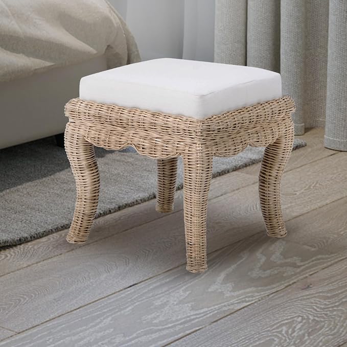 JONATHAN Y Rowan Woven Rattan Vanity Stool with White Cushion, 18.5" Coastal Backless Makeup Chair for Bedroom & Bathroom, Natural Mango Wood Wicker Ottoman Footrest VSL1000A