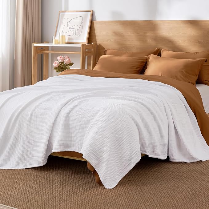 David's Home 100% Cotton Muslin Throw Blanket for College Dorm, 4-Layer Soft Breathable Lightweight Comfy Cozy Throw Guaze for Hot Sleepers, 3D Bubble Room Decor for Bed, Giftable, White, 50"x70"