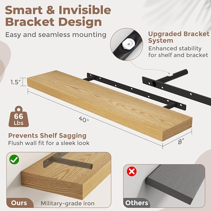 40 Inch Floating Shelves for Wall, 8"D Wood Storage Shelves, Oak Finish | Engineered Wood, Invisible Bracket, Large Storage, Easy Install, Hold Up to 66lbs, Living Room, Bathroom, Bedroom, Kitchen