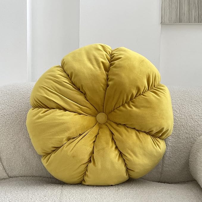 MOJUN Round Velvet Pillow Pumpkin Pleated Cushion Throw Pillow Home Decorative for Couch Chair Bed Car (Lemon Yellow, 17.7 inch)