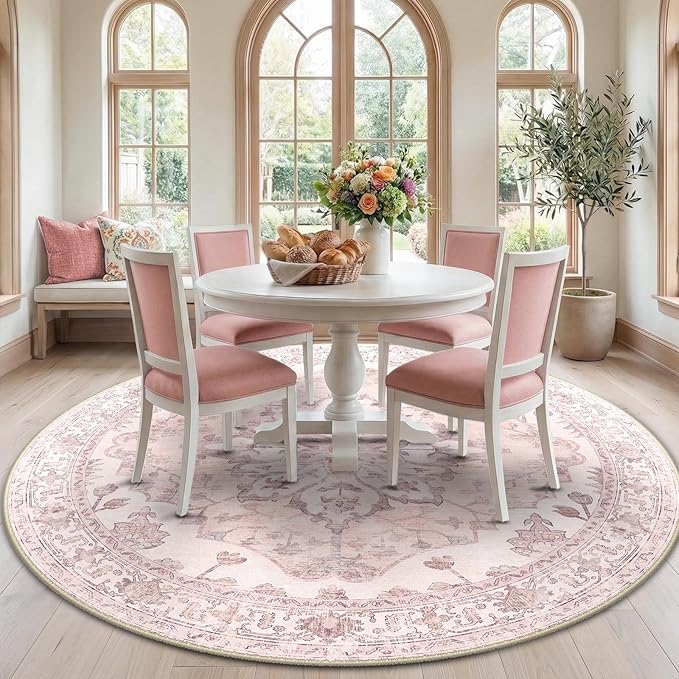 RELEANY Area Rugs 7ft Washable Non-Slip, Floral Vintage Distress Print Pattern Medallion Carpet for Living Room Bedroom Dining Room, Pink Greypink Cute