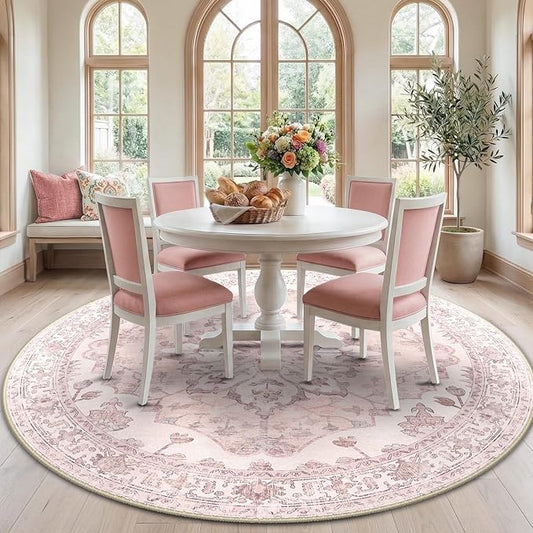 RELEANY Area Rugs 7ft Washable Non-Slip, Floral Vintage Distress Print Pattern Medallion Carpet for Living Room Bedroom Dining Room, Pink Greypink Cute