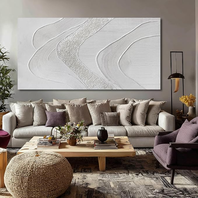 ZUNARE Large Abstract Wall Art, Textured White Canvas Painting in Neutral Cream and Sand Tones, Oversized Modern Statement Wall Decor for Living Room Bedroom Office, Ready to Hang, 29×58 Inch