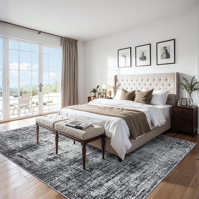 Area Rugs 10x14 Living Room - Washable Rug Modern Abstract Soft Large Neutral Non-Slip Carpet Indoor Floor Thin Carpets for Bedroom Dining Room Farmhouse Nursery Home Office Dark Black