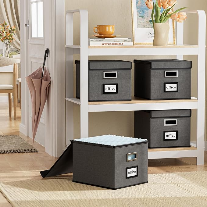 File Organizer Box with Lid, Collapsible File Folder Organizer for Office Document Storage, Filing Box with Plastic Slide for Letter Size Hanging File Folders(1 Pack, Dark Grey)