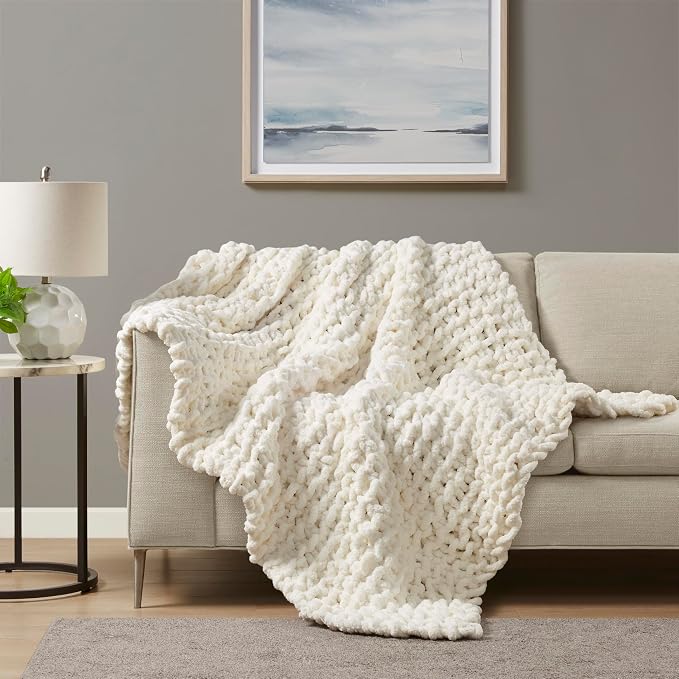 Madison Park Chenille Chunky Knit Handmade Throw Blanket, Luxuriously Soft Gift Blankets, Cottage Style Room Décor, Lightweight & Breathable All Seasons Throw Blanket for Couch, 50" W x 60" L Ivory