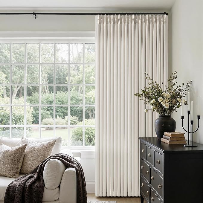 Pinch Pleated Natural Linen Curtains 105 Inches Long for Living Room Bedroom Patio Door Ceiling to Floor Custom Pinch Pleat with Hooks for Track Back Tab Light Filtering Drapes for Dining Room Cream