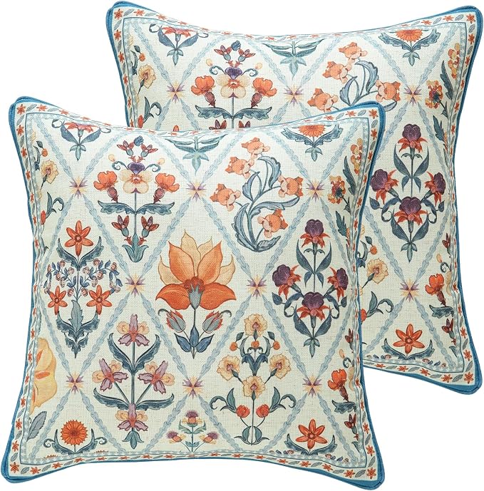ISAENNE Linen Square Throw Pillow Cover,Set of 2,18"x18"-Floralsea A | Designer French Elegant Pillow Cover,Concealed Zipper Design,Sofa,Bedroom,Living Room,Lounge Chairs,All Season Home Decor