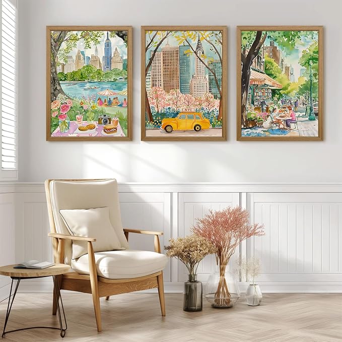 Watercolor New York City Wall Art Nyc Canvas Poster Travel Wall Decor Nyc Painting Central Park Picture New York Landmarks Artwork for Bedroom Living Room 16x24x3 Inch Wood Framed