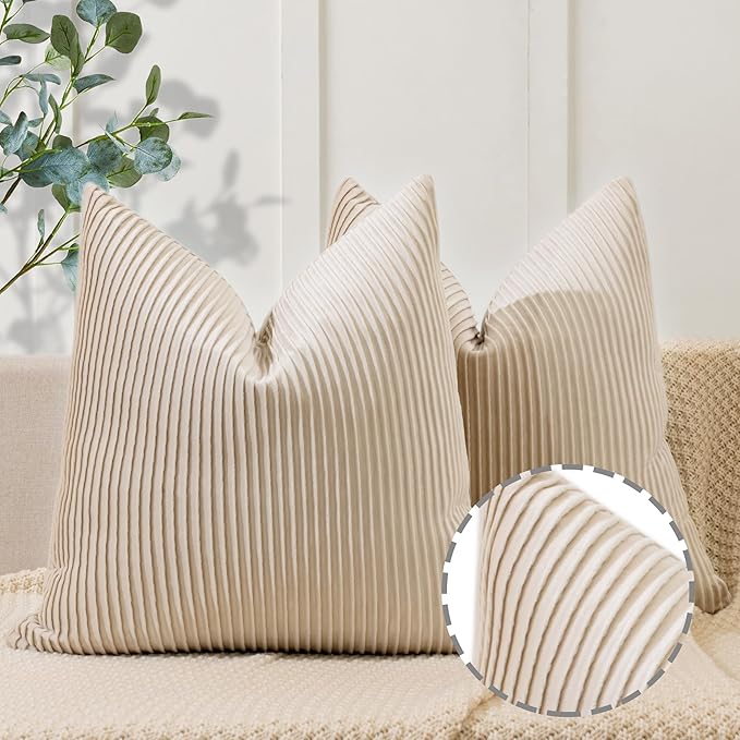 YCOLL Beige Pillow Covers 24x24 Set of 2 Velvet Striped Pattern - Soft Throw Pillows for Home Decor, Luxury Decorative Pillow Covers for Couch, Bed,Living Room
