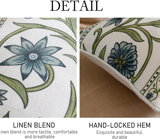 ISAENNE Designer Linen Throw Pillow Cover,Set of 2,20"x12"-Mosella D | Vintage Elegant Rectangle Decor Pillow Cover,Concealed Zipper Design,Floral Pattern,Sofa,Bedroom,Living Room,Lounge Chairs