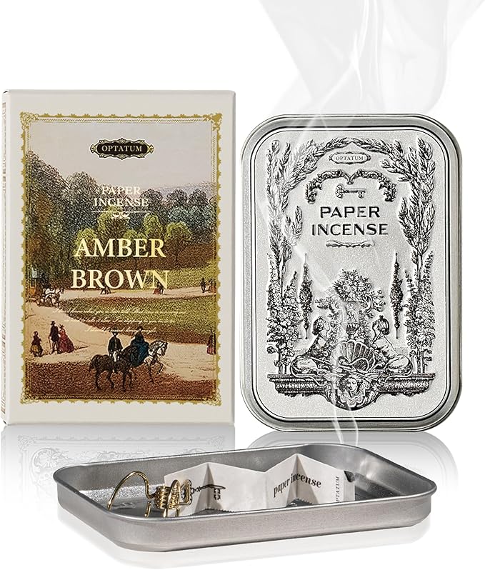 Paper Incense - 48pcs with Vintage Tin Case, Burning Papers Infused with Natural Essential Oils, Quick Usage & Long-Lasting Fragrance, Eliminating Bathroom, Kitchen, Pet Odors - Amber Brown