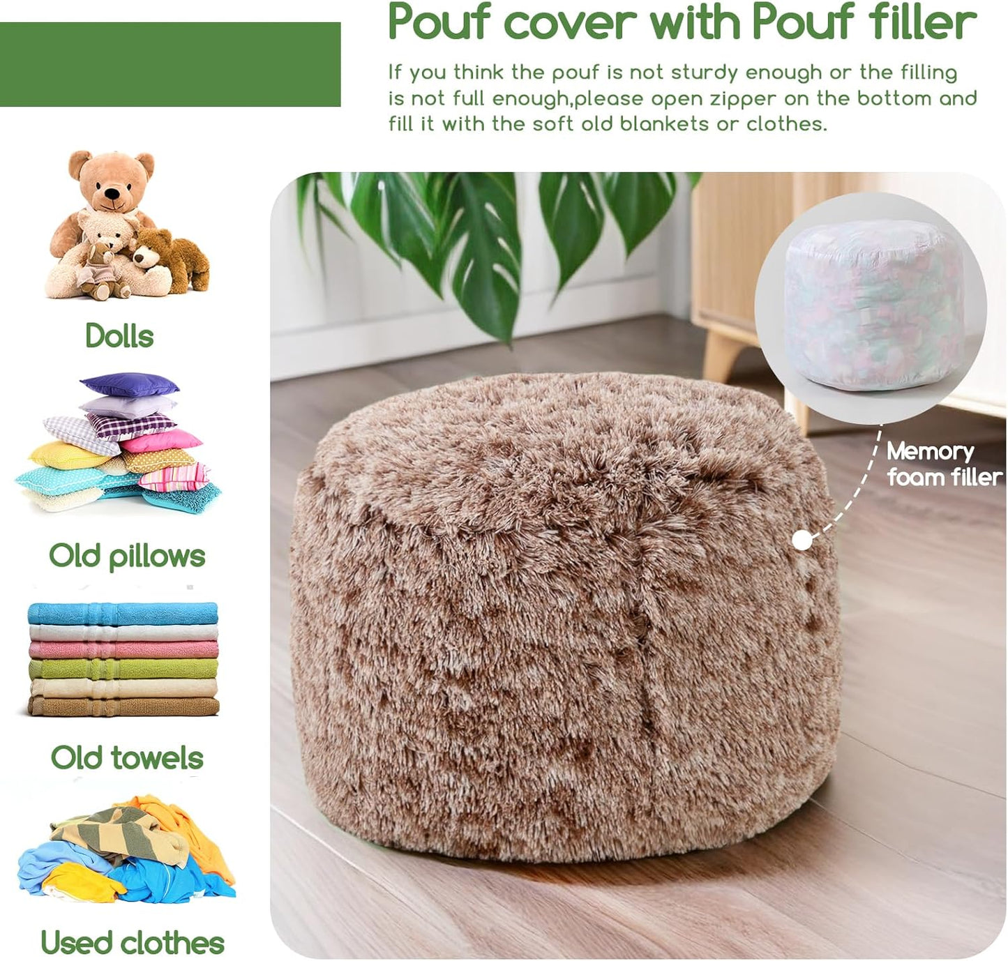 HIGOGOGO Round Stuffed Pouf Ottoman, Long Faux Fur Poufs with Foam Chunk Filling, Fluffy and Furry Pouf Foot Stool Storage Ottoman, 20 X 15 Floor Poufs Foot Rest for Living Room, Snow Coffee