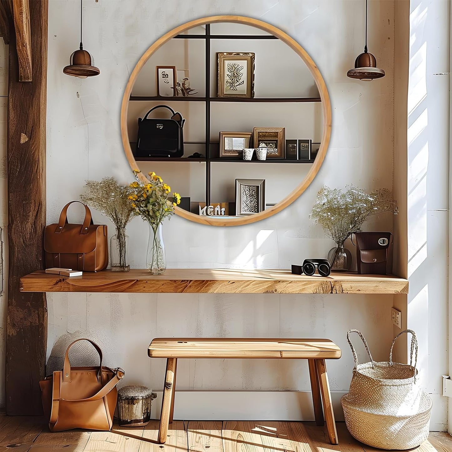 36" Bathroom Mirror, Round Wall Mirror with Wood Frame, Farmhouse Mirror for Wall Decor, Wall-Mounted Mirror for Bedroom, Living Room, Wood