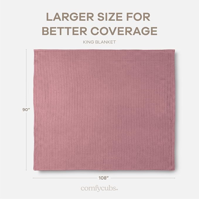 Comfy Cubs Waffle Blanket King, 108" x 90" - 100% Cotton Lightweight Breathable Bed Blanket - Soft Textured Thermal Weave for All Seasons – Decorative Cozy Layer for Couch, Sofa, or Bed - Mauve