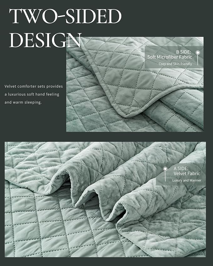 Luxury Velvet Queen Quilt Set, Ultra Soft Lightweight Velvet Comforter Set, Oversized Bedspread Coverlet with 2 Shams Diamond Pattern, for All Season (Aqua Green)
