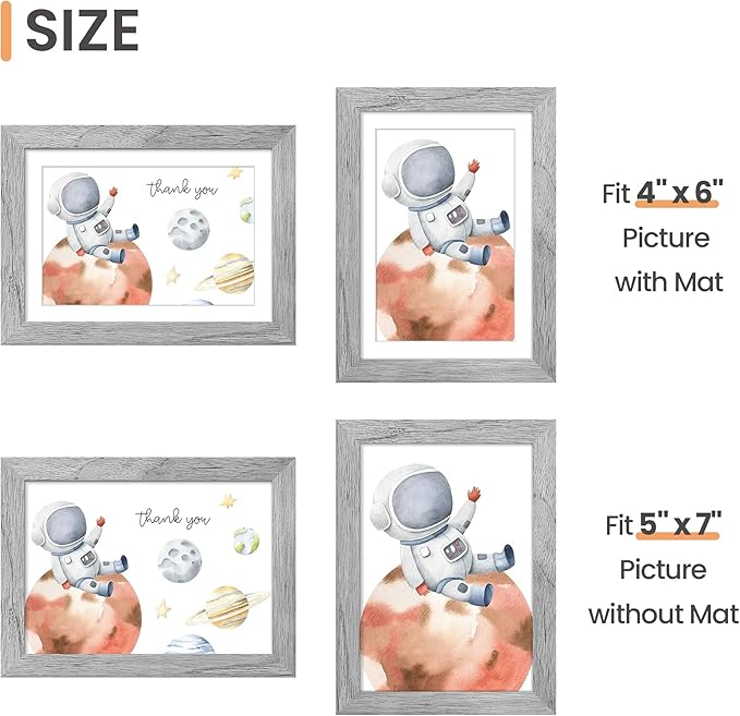 upsimples 5x7 Picture Frame, Display Pictures 4x6 with Mat or 5 x 7 Without, Wall Hanging Photo Frames, Gray, 1 Pack