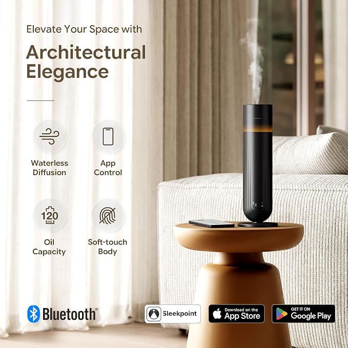Airversa U1 Smart Tower Waterless Essential Oil Diffuser for Room, Black | Up to 1200 sq ft, App Control, Cold Air, 120mL, DC-12V/1A Plug in Wall, Smart Scent Air Machine, For Home & Commercial Spaces