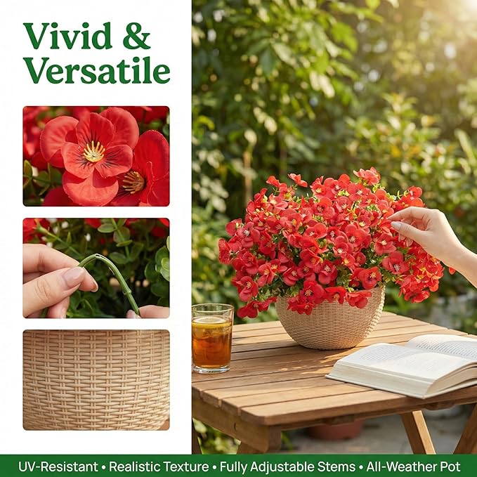 trytuny Artificial Flowers for Outdoor, Realistic Faux Plants for Outside Indoor Porch Patio Window Box Planter Home Decor (12pcs -red)