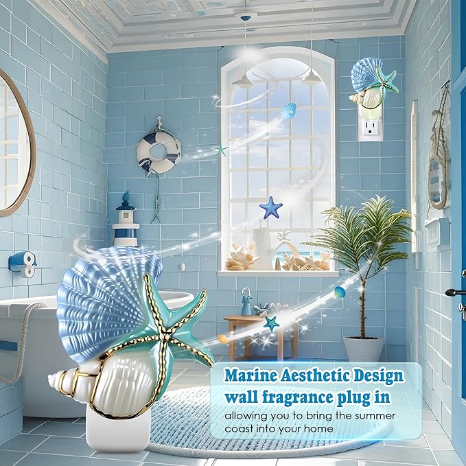 Hohean Wall Fragrance Plug in with Night Light Compatible with Bath & Body Works WallFlower Fragrance, Marine Style Essential Oil Diffuser Plug with Rotary Design (Shell Starfish Conch)