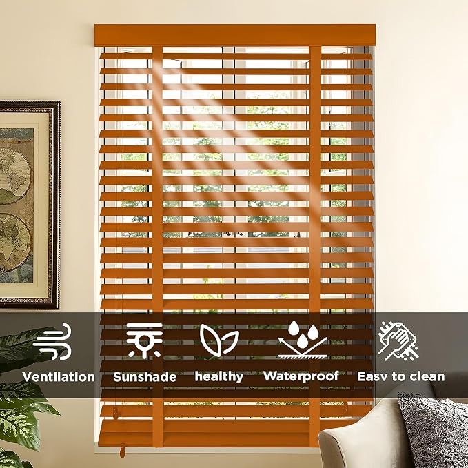 2" Slats Wood Blinds for Indoor Windows: Wooden Blackout Blinds & Shades,Black Out Privacy Horizontal Blinds for Home Bedroom Bathroom Living Room Windows Lingt Brown 39.5" WX 72" H