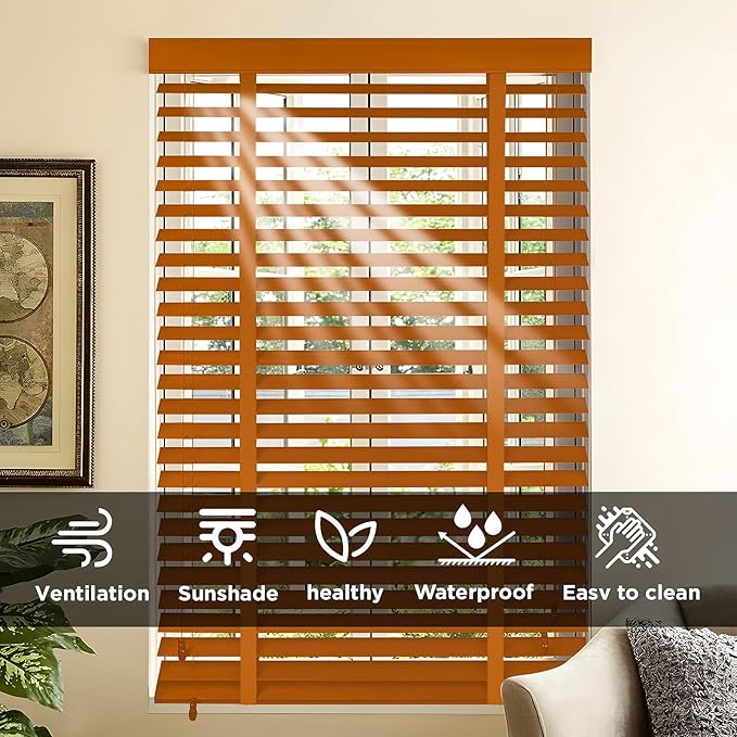 2" Slats Wood Blinds for Indoor Windows: Solid Wooden Blackout Blinds & Shades,Black Out Privacy Horizontal Blinds for Home Bedroom Bathroom Living Room Windows and Doors 33.5" WX48 H Light Brown