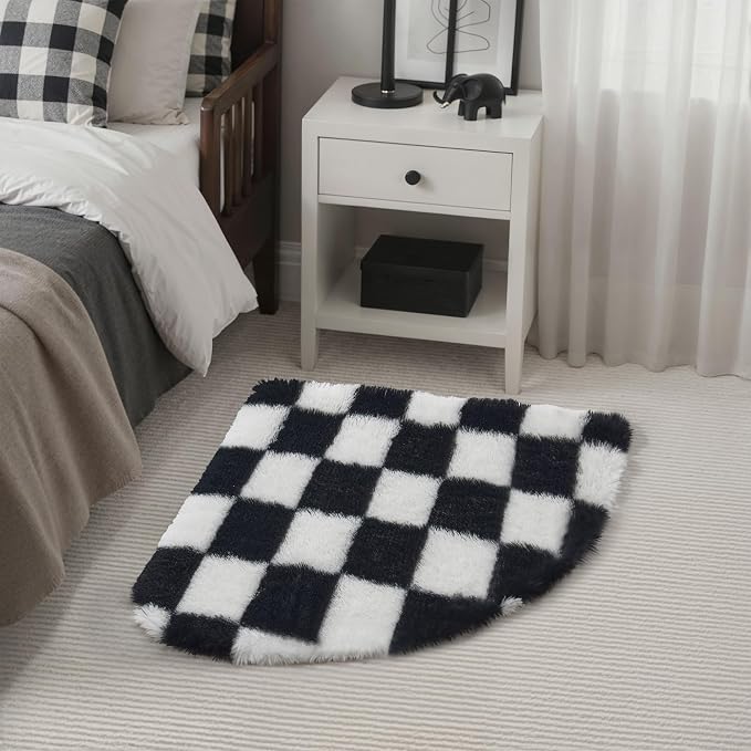 PureCozy Checkered Rug 3ft Radius Corner for Playroom, Black and White Modern Shag Super Soft Washable Fluffy Rugs Indoor Fuzzy Carpet for Bedroom Home Dorm Aesthetic Decor