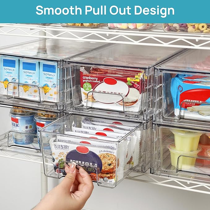 Vtopmart 2 Pack Stackable Storage Drawers,Clear Acrylic Drawer Organizers with Handles, Easily Assemble Containers for Fridge, Bathroom,Kitchen Undersink,Cabinet,Pantry Organization and Storage