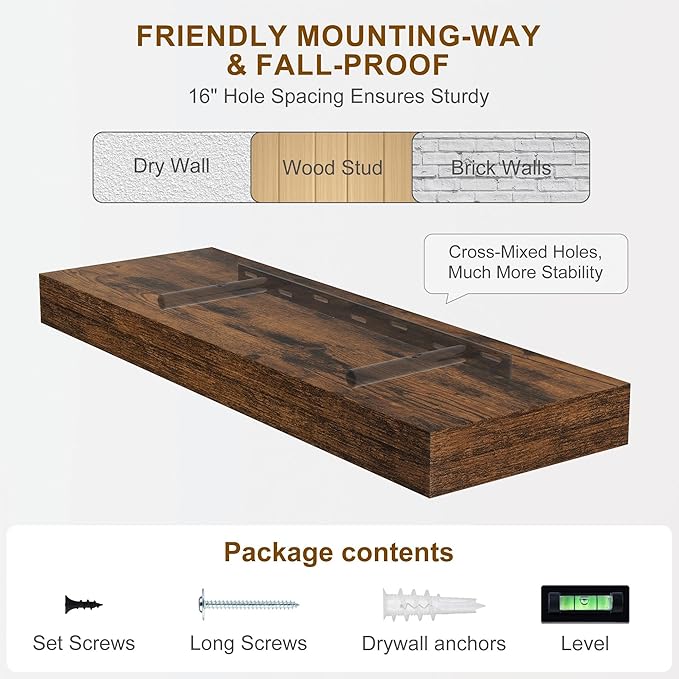 Fun Memories Floating Shelves for Wall, 48Inch Floating Shelves Set of 2, Hanging Shelf with Invisible Brackets, Wood Shelves for Living Room, Bedroom, Kitchen, Brown