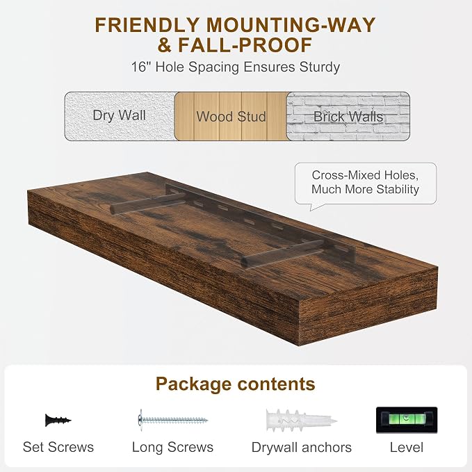 Fun Memories Floating Shelves for Wall, 24Inch Floating Shelves Set of 2, Hanging Shelf with Invisible Brackets, Wood Shelves for Living Room, Bedroom, Kitchen, Brown