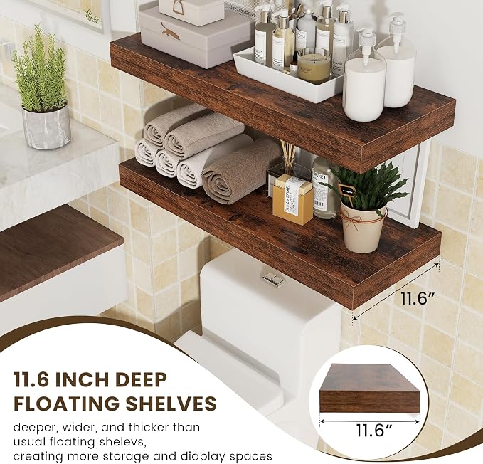 FLYJOE 30'' Brown Floating Shelves, 12 Inch Deep Shelves for Wall Set of 2 | 30'' x 12'' Rustic Brown Wood Shelves for Framhouse Living Room Bathroom Kitchen Laundry Room