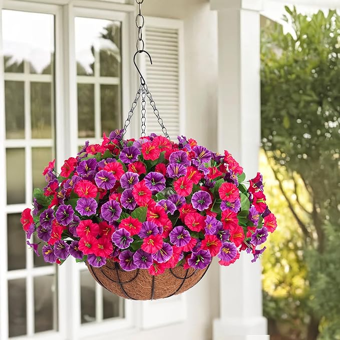 Ammyoo Artificial Fake Hanging Flowers with Basket, Faux Silk Morning Glory Flower Arrangement for Spring Summer Decor, Hanging Plant for Patio Garden Porch Outdoor Decor