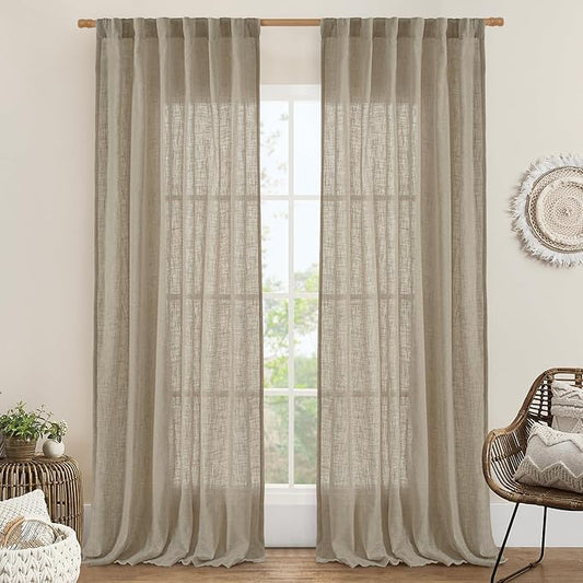 LAMIT Taupe Linen Curtains for Living Room 84 inch Length 2 Panels, Light Filtering Semi Sheer Curtains Back Tab and Rod Pocket Farmhouse Drapes for Bedroom/Sliding Glass Door, 52 x 84 Inch