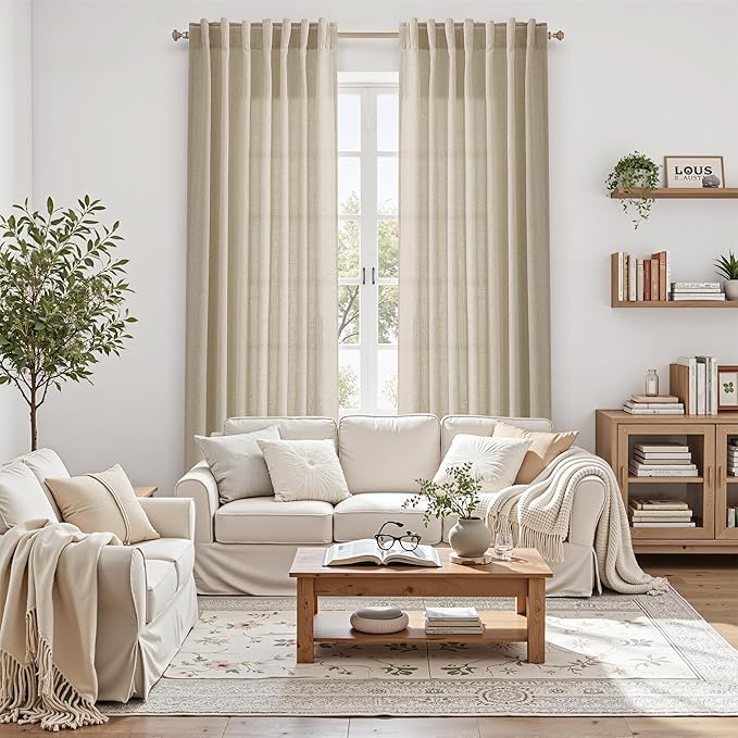 Nanspring Eggshell Beige Curtains 63 Inch Length for Living Room Linen Blend Luxury Light Filtering Semi Sheer Curtain Back Tab Rustic Decor Neutral Elegant Drapes for Bedroom Office 52x63, 2 Panels