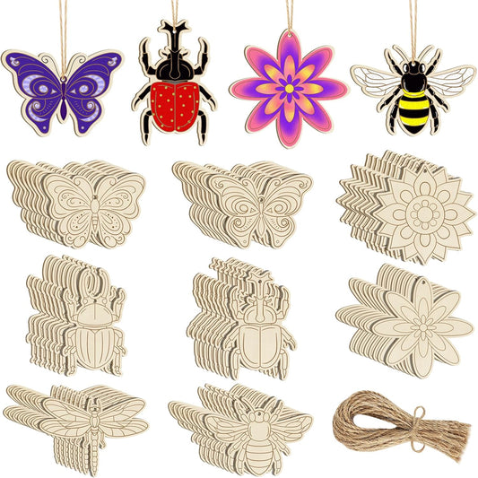 80PCS Wooden Spring Ornaments to Paint, 8 Styles DIY Blank Unfinished Wood Insect Cutouts Ornament for Crafts Hanging Decorations, Dragonfly Butterfly Flower Shape Home Decorations Gifts
