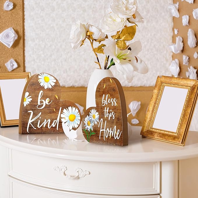 Jetec 2 Pcs Rustic Wooden Heart Table Decor, Daisy Farmhouse Home Decor, Bless This Home & Be Kind Sign for Living Room, Dining Room, Shelf & Mantel, Ideal Housewarming & Birthday Gift(Daisy Style)
