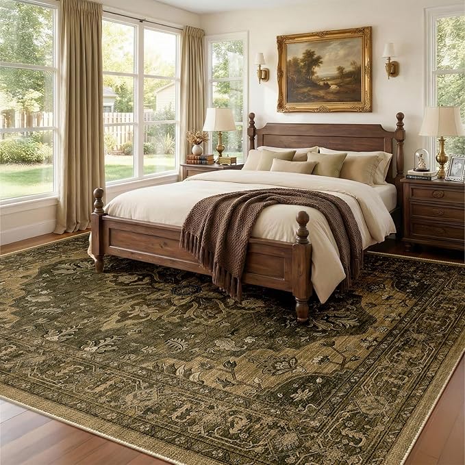 RELEANY Area Rugs 9'x12' Washable Non-Slip, Floral Vintage Distress Print Pattern Medallion Carpet for Living Room Bedroom Dining Room, Brown Dark Brown