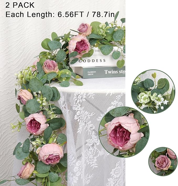 SOMYTING 2 Pack 13FT Flower Garland, Artificial Rose Vine Fake Flower Garland Silk Rose Peony Vines Faux Valentine Floral Garlands for Wedding Party Arch Table Backdrop Wall Decoration (Vintage Pink)
