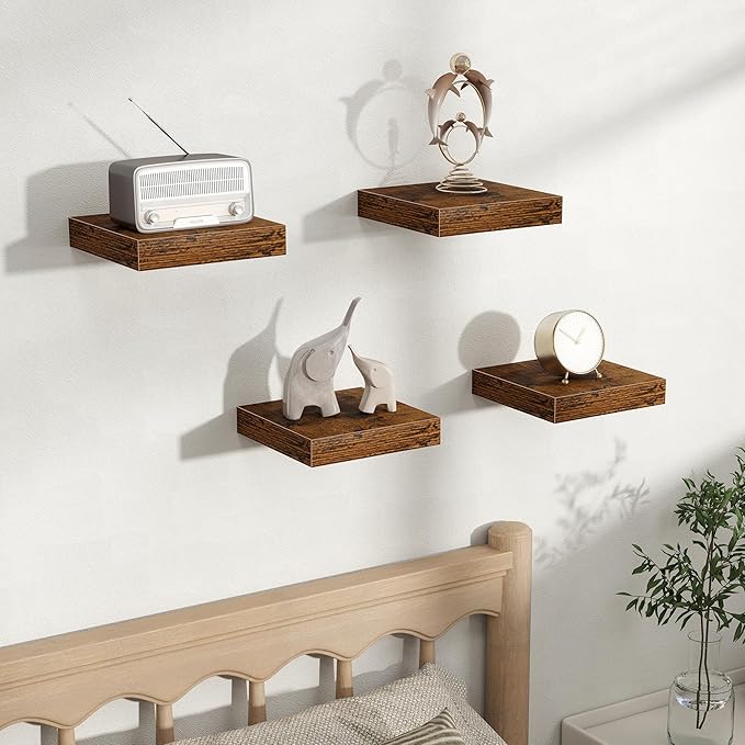 Fun Memories Floating Shelves for Wall, Rustic Wood Wall Mounted Shelves for Bathroom, Bedroom, Living Room and Kitchen, Storage & Home Decor (Set of 4, Brown, 8 in)