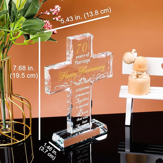 YWHL 70th Wedding Anniversary Cross Gifts for Couple, 70 Years of Marriage Glass Cross Keepsake for Parents Grandparents, 70 Years Anniversary Decoration