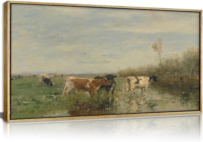 Large Wood Framed Vintage Cows Wall Art,Farm Field Landscape Canvas Print,Valley cattle herd Nature Country Painting,Picture Bedroom Wall Decor Gifts for Friends or Family