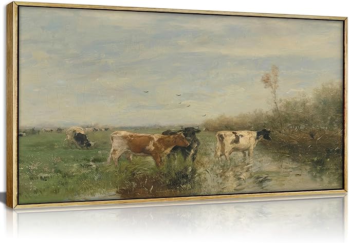 Large Wood Framed Vintage Cows Wall Art,Farm Field Landscape Canvas Print,Valley cattle herd Nature Country Painting,Picture Bedroom Wall Decor Gifts for Friends or Family