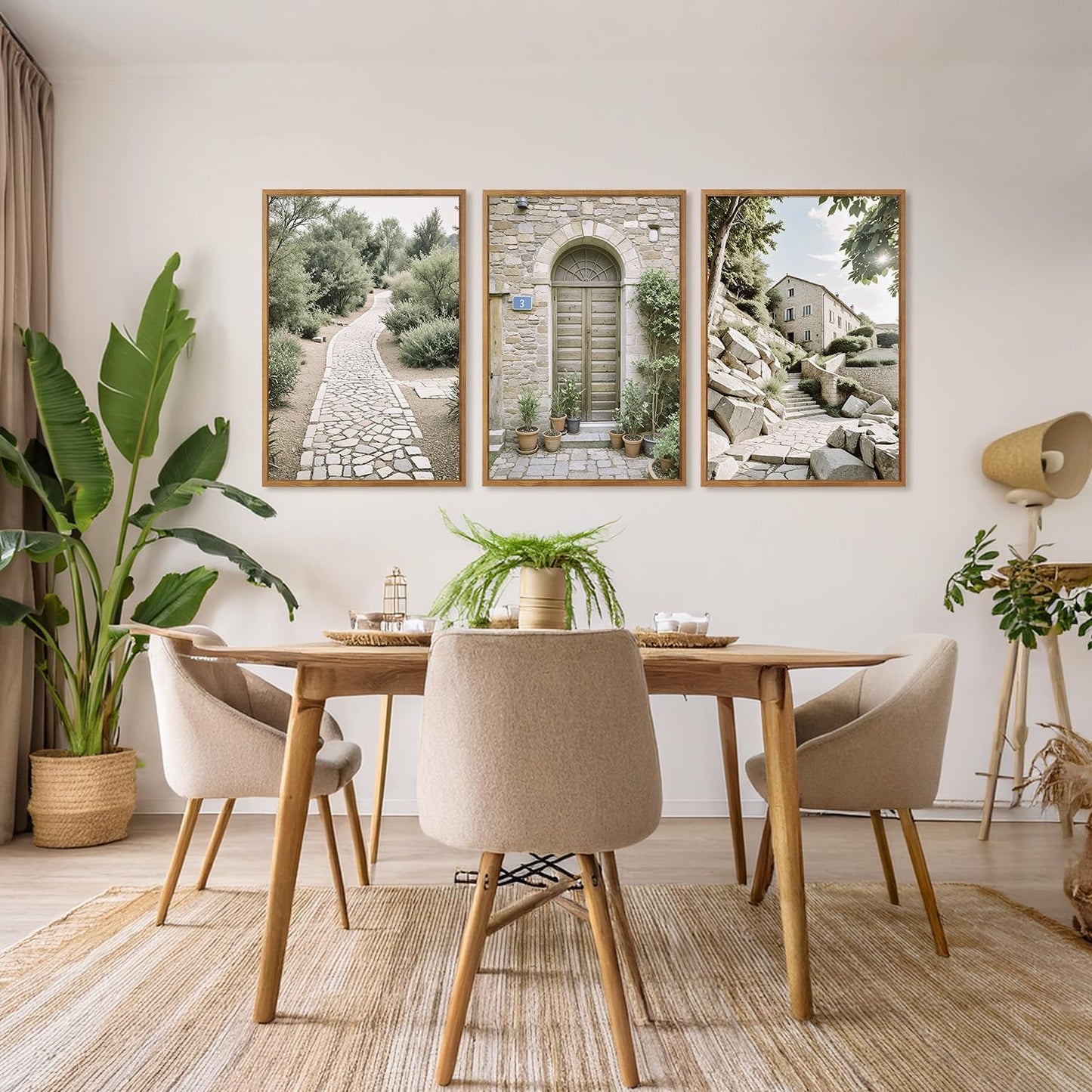 Aurlan Neutral Italy Countryside Landscape Framed Wall Art(16"x24"), 3PCS Vintage Mediterranean City Photography Gallery Canvas Artwork, Large Old Town Architecture Travel Decor Prints for Office Bedroom