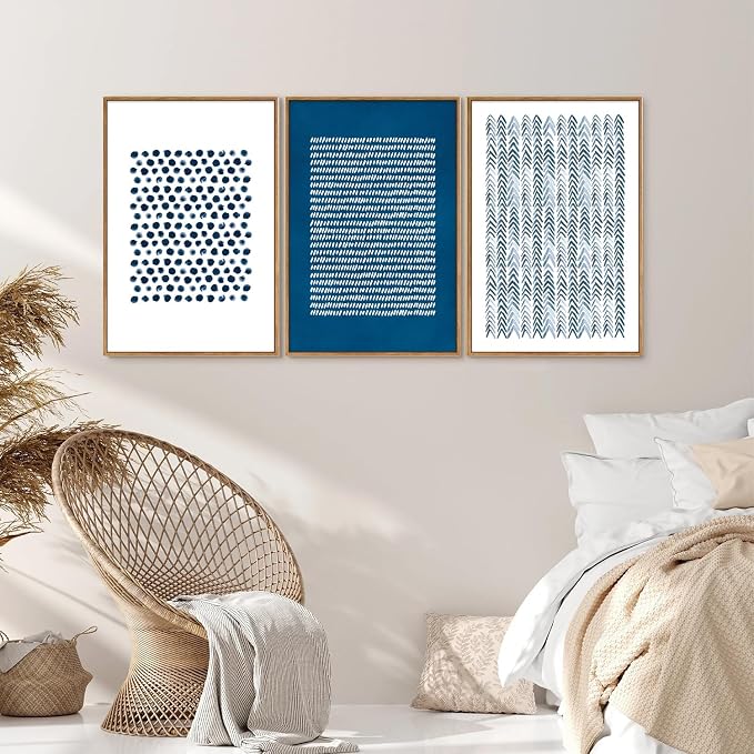 Tinonedraw Navy Blue White Framed Canvas Wall Art Set, Modern Geometric Dots Line Wall Decor, Neutral Abstract Shape Artwork, Cozy Contemporary Art Prints for Bedroom Living Room Office 16"x24"x3