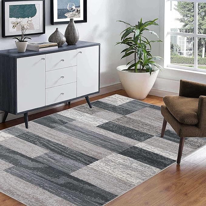 SUPERIOR Indoor Area Rug, Jute Backed, Modern Geometric Patchwork Floor Decor for Bedroom, Office, Living Room, Entryway, Hardwood Floors, Rockwood Collection, 4' x 6', Blue-Taupe