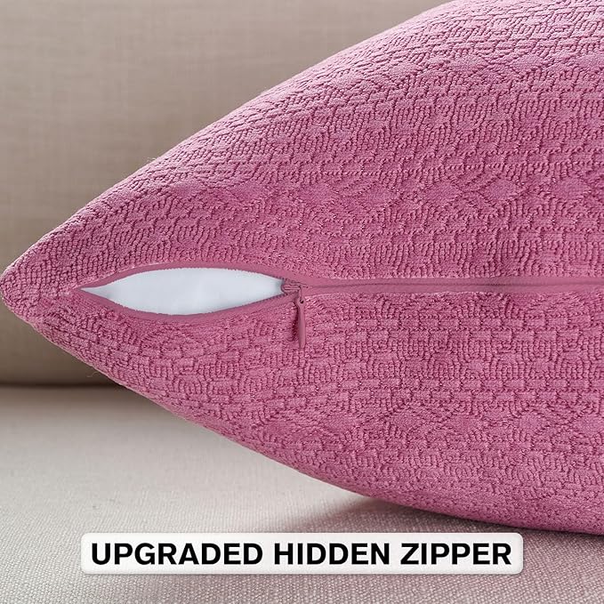 FUTEI Hot Pink Chenille Throw Pillow Covers 24x24 Inch Set of 2,Soft Striped & Diamond Textured European Cushion Cases,Modern Home Decor for Couch Living Room