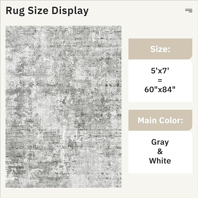 Soalmost Abstract Rug 5x7 Machine Washable Area Indoor Grey White Low Pile Non-Slip Foldable Thin Accent Rugs for Bedroom Living Room Dining Room
