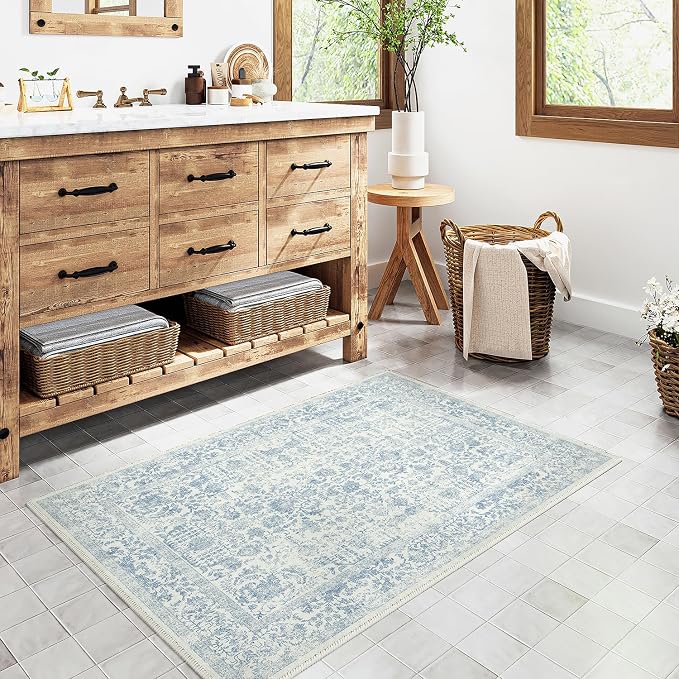 PureCozy Blue Entryway Area Rug 2x3 Door Mat Machine Washable Kitchen Vintage Distressed Non Slip Carpet Indoor Retro Floral Accent Throw Small Rug for Bathroom Office Bedroom Dining Room